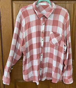 Maunces XXL Plaid Button Front Shirt Relaxed Fit Long Sleeve Pink White